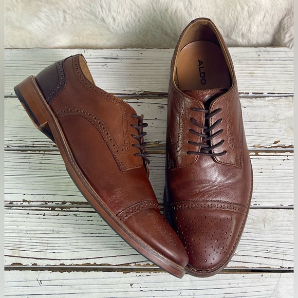 CLEAN Size 9 ALDO Men's Dress Shoes Oxford Derby‎ Cap Toe Leather Cognac 42 EUR - Picture 1 of 12